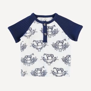 NWT 5Y Kate Quinn short sleeve baseball henley tee navy horse toile cotton